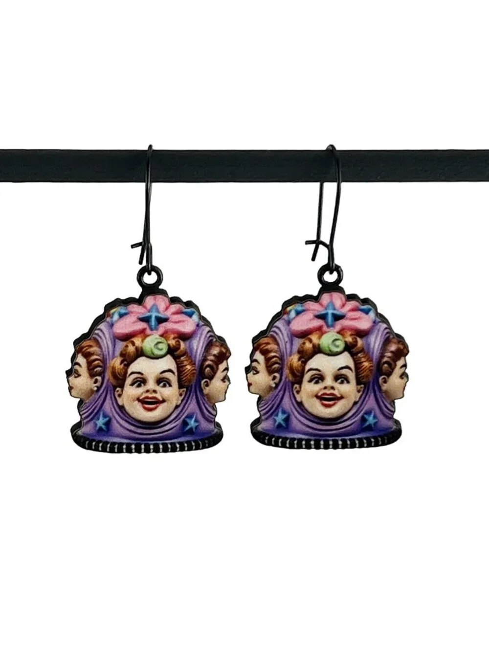 Whimsical Three Faced Circus Performer Earrings — Black Kidney Ear Wires